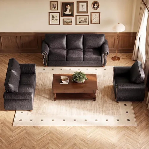 Vista 8 de Juego de sofá con remaches de 88 pulgadas, sofá biplaza moderno con brazo ancho, marco de madera maciza para sala de estar, sofá moderno para Marrón