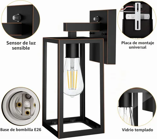 Vista 4 de SHINE HAI Farol de pared para exteriores del atardecer al amanecer, lámpara con sensor exterior con toma de base E26, aplique de pared impermeable