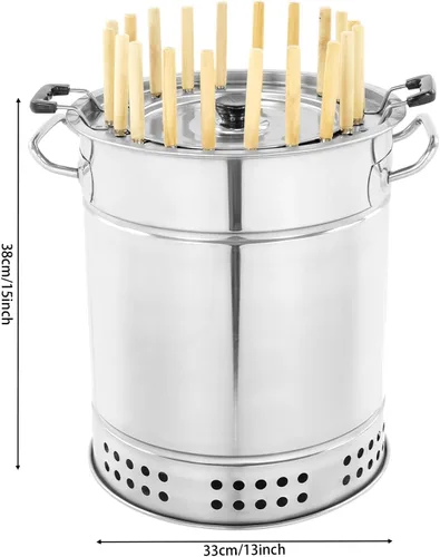 Vista 2 de Parrilla cilíndrica de carbón de acero inoxidable, 13 x 15 pulgadas, sin humo, para colgar en kebob, pequeña parrilla portátil sin humo de carbón