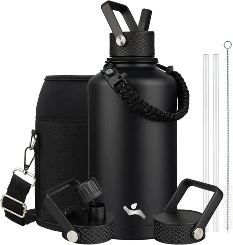 Vista 58 de Konokyo - Botella de agua aislada de 18 onzas, botellas deportivas de acero inoxidable con 3 tapas, verde militar