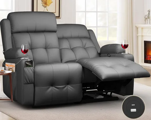 Vista 39 de Sofá reclinable manual de dos plazas, sofá reclinable de pared con masaje, puertos USB y tipo C, almacenamiento, portavasos, sofá RV para sala