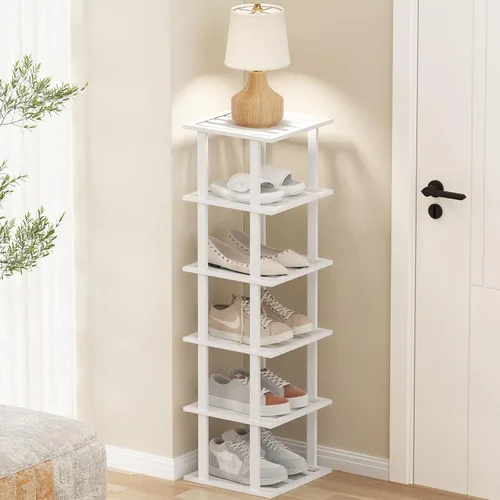 Vista 8 de SHIISEWE Zapatero de bambú para espacios pequeños, 6 niveles de alto, vertical, estrecho, para armario, apilable, soporte negro para almacenamiento