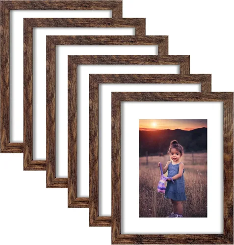 Vista 7 de Juego de 6 portarretratos de madera marrón rústica de 8 x 8, para fotos de 5 x 5 con paspartú o de 8 x 8 pulgadas sin paspartú, marcos de fotos