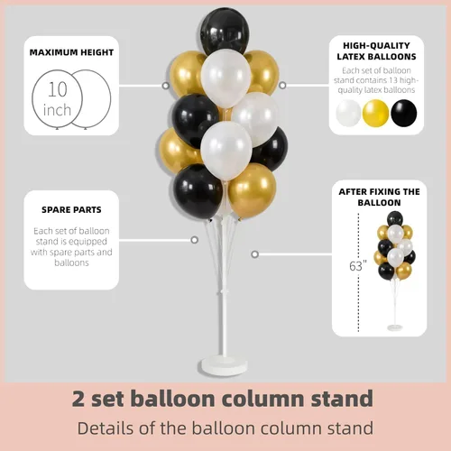 Vista 3 de HIINS - Juego de 2 columnas de globos de oro negro de 10 pulgadas con base y poste, decoración de fondo para fiesta