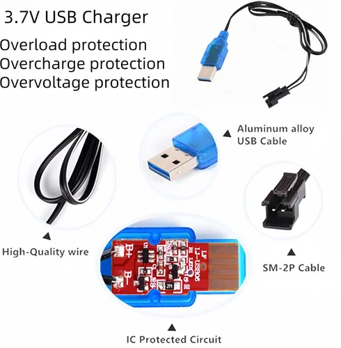 Vista 6 de Paquete de 2 baterías recargables de iones de litio de 3.7 V 600 mAh con cable de carga USB para doble cara giratoria volteando monstruo anfibio E35