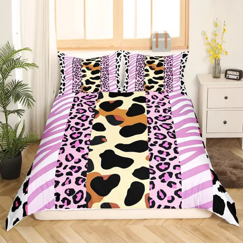 Vista 3 de Manfei Juego de funda de edredón de piel de animal, tamaño individual, funda de edredón con estampado de cebra de leopardo con 1 funda de almohada