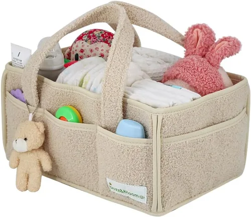 Vista 5 de Buzz&Bloom Organizador de pañales de peluche para bebé, elegante cesta de almacenamiento para artículos esenciales para recién nacidos y estación