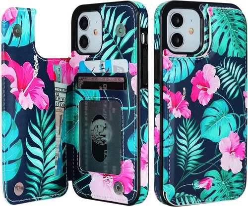 Vista 12 de HAOPINSH Funda tipo cartera para iPhone 12/12 Pro - Bandera americana Girasol, tarjetero, cuero sintético, soporte, cierre magnético doble, a prueba
