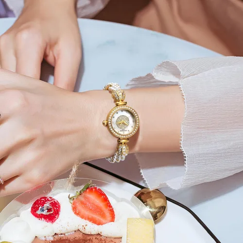 Vista 7 de Reloj de pulsera de oro para mujer, correa de cadena de perlas giratoria, esfera deslumbrante, impermeable, regalo para mujer R0262JB