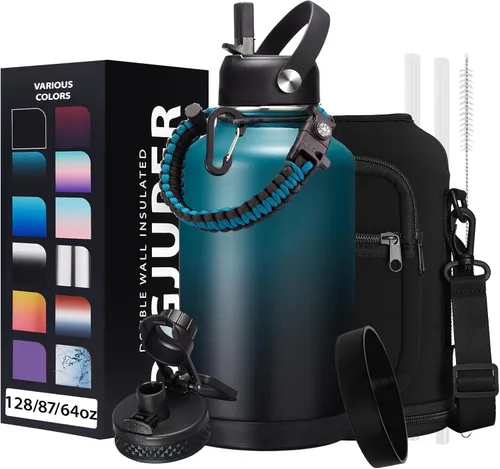 Vista 31 de Botella de agua aislada de 1 galón, con popote y tapa de pico automático, mango de paracord, funda para botella, botella de agua de acero inoxidable