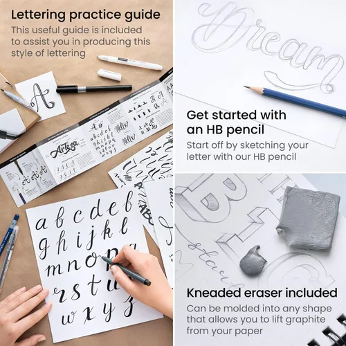 Vista 5 de ARTEZA Juego de 12 bolígrafos de mano para caligrafía y pincel con guía, lápiz, borrador para principiantes que aprenden letras a mano y escritura