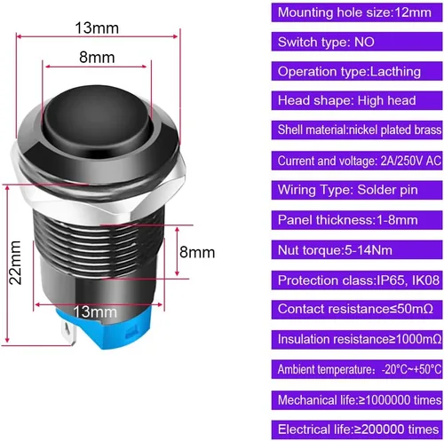 Vista 5 de Gebildet 4 piezas Interruptor de botón de cierre de 12 mm con cabeza elevada, cable de aleación de aluminio 1NO 12V 24V 36V 110V 250V Impermeable