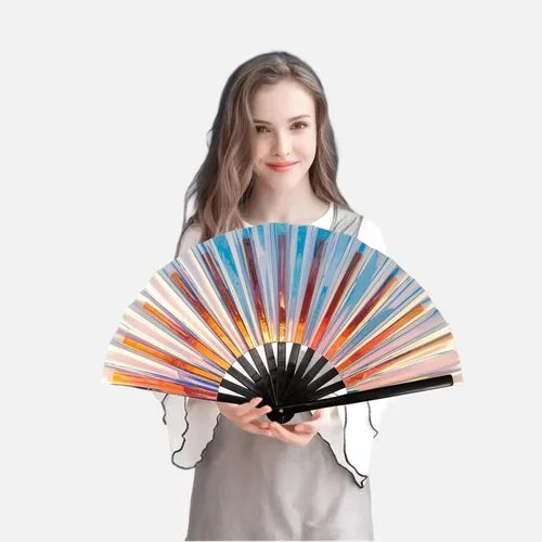 Vista 5 de Ventilador de mano plegable grande para hombres y mujeres, ventilador holográfico para mujeres, fiesta de baile, festivales, Halloween, EDM
