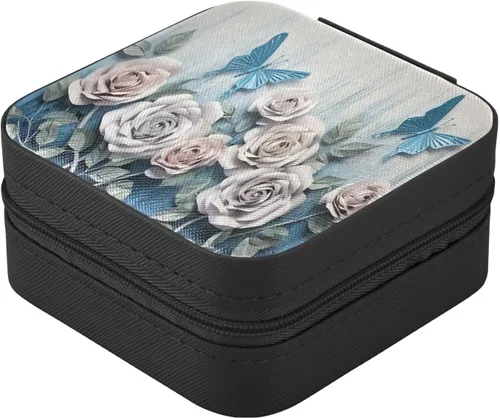 Vista 3 de Flradish White Blue Roses Travel Jewelry Case PU Leather Mini Jewelry Travel Case Portable Travel Jewellery Ring Organizer for Womens Rings Earrings