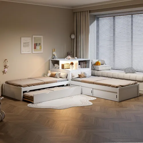 Vista 10 de Marco de cama individual en forma de L para 2 niños con escritorio y nido Espresso Espresso