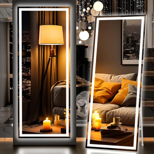 Vista 45 de Hasipu - Espejo de cuerpo entero con luces, 56 x 16 pulgadas, espejo de pie con led para montaje en pared para sala de estar, dormitorio