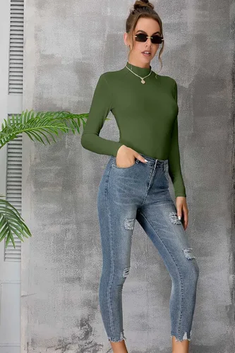 Vista 5 de Camiseta Top sin Mangas de Manga Larga para Mujer, Cuello de Tortuga Simulado, Básica, Ajuste Elástico, Suéter Ligero, Camisa Entallada Verde militar