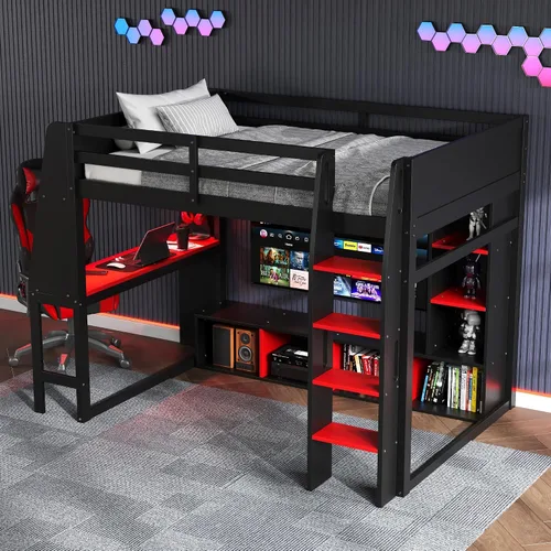 Vista 3 de KLMM Cama loft de madera creativa de tamaño individual con escritorio y estantes de almacenamiento múltiple, LED y un perchero para colgar ropa