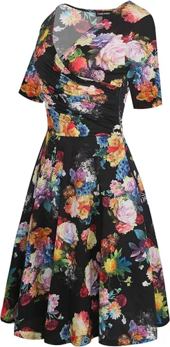 Vista 4 de oxiuly OX233 - Vestido informal, cruzado, con cuello en V, estampado floral, acampanado, por debajo de la rodilla y de verano para mujer