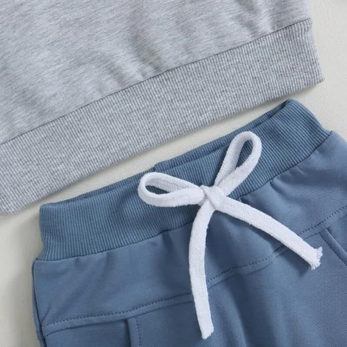Vista 5 de Fumilery Conjunto de 2 piezas de sudadera de manga larga con bloques de color y pantalones con cordón para bebé