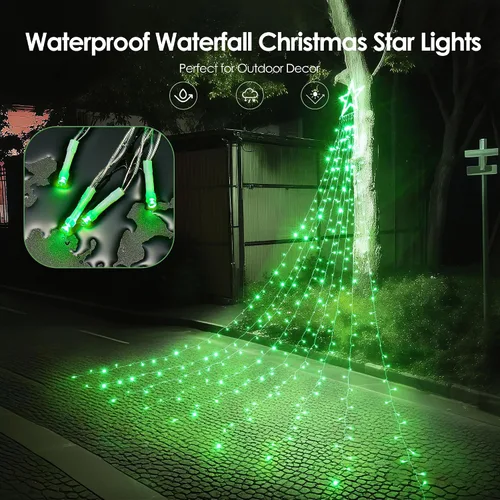Vista 4 de WBao 344 luces LED de Navidad para decoración al aire libre con estrella de 12 pulgadas, luces de Navidad de cascada de 11.9 pies, control remoto, 8