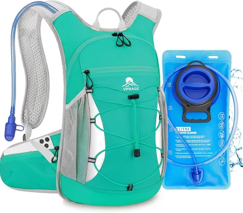 Vista 8 de Mochila de hidratación con bolsa de agua de 2 litros. Mochila ligera de 15 litros con bolsillos para cinturón de cadera del tamaño del teléfono