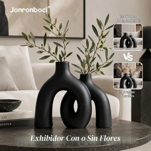 Vista 5 de Juego de jarrones negros mate – Jarrones estéticos de cerámica Hug Hollow Donut para decoración del hogar, moderno jarrón decorativo nórdico