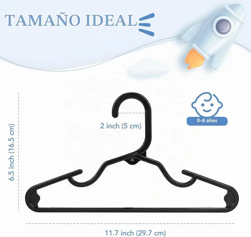 Vista 8 de HOUSE DAY Perchas de plástico para bebé, paquete de 20, perchas de plástico duradero para ropa de bebé, perchas delgadas y compactas para niños Negro
