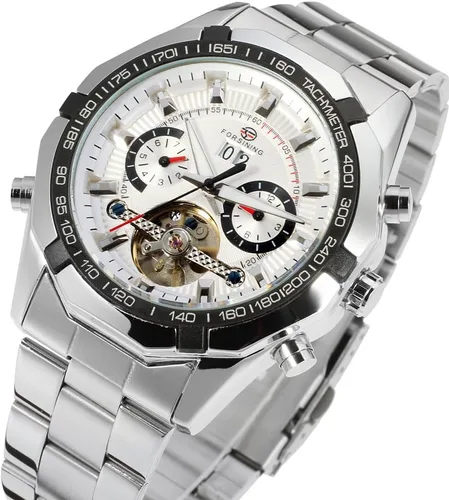 Vista 5 de FORSINING Reloj automático Tourbillion transparente para hombre con calendario pulsera de acero inoxidable