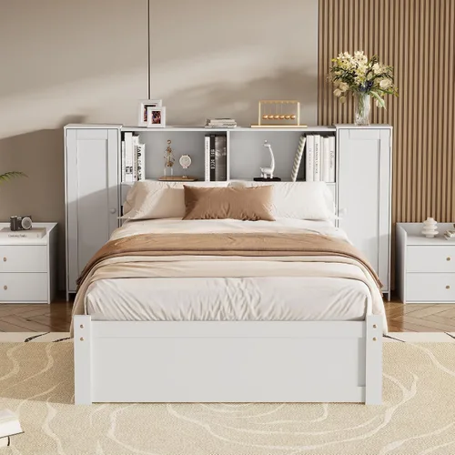Vista 4 de Harper & Bright Designs Cama individual con cabecera de estantería, plataforma de madera maciza con estante de almacenamiento, para niños