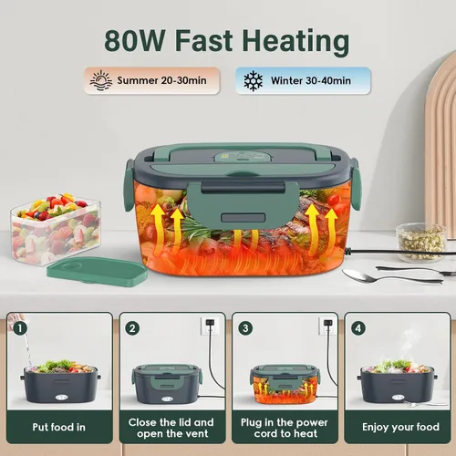 Vista 2 de Fiambrera eléctrica para adultos, calentador de alimentos portátil de 80 W, 12 V/24 V/110 V, lonchera térmica 3 en 1 para coche/camión/oficina