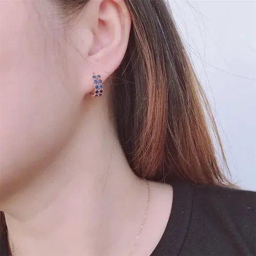 Vista 5 de SAGEKING 2024 New 585 Purple Gold Inlaid Double Rows Of Blue Crystal Ear Buck Plated 14K Rose Gold Earings For Women Fashion And Exquisite Jewelry