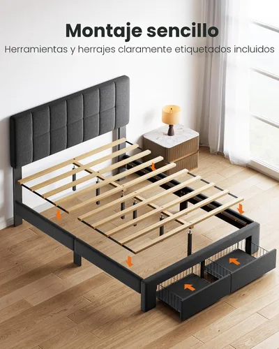 Vista 8 de Pipishell Marco de cama Full con 2 cajones de almacenamiento, 12 patas resistentes, base de cama de madera maciza con cabecera tapizada