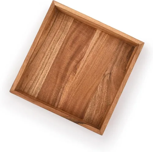 Vista 4 de Bandeja de madera de acacia con asas, bandeja de madera para servir, bandeja de aperitivos, bandeja de desayuno, ideal para desayuno, café