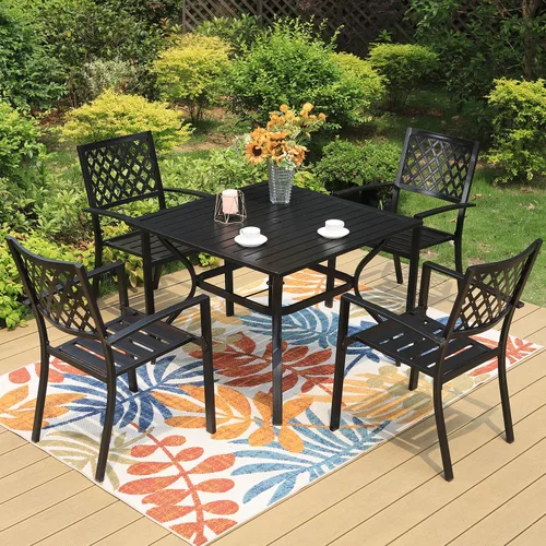 Vista 2 de MFSTUDIO Juego de 4 sillas de comedor apilables para patio, hierro forjado Patrón de red