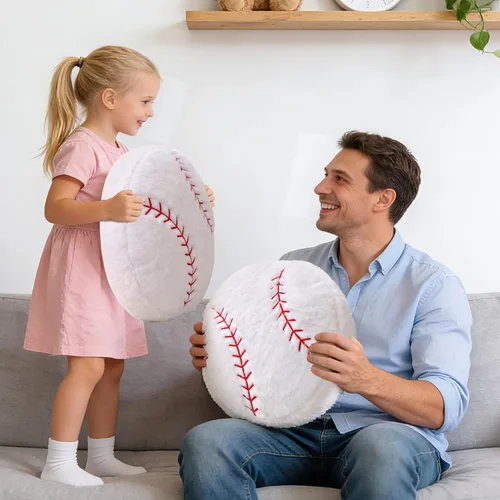 Vista 4 de Paquete de 2 almohadas de béisbol de felpa, suaves y esponjosas redondas con forma de béisbol para habitación de niños, decoración de sofá y cama