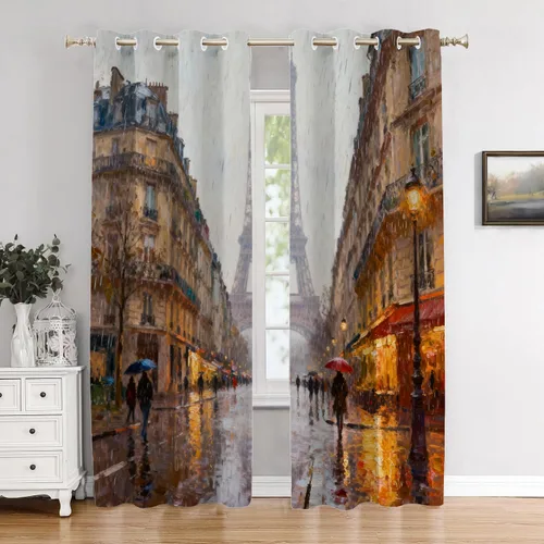 Vista 125 de Cortinas opacas de cocina con pintura al óleo de Europa rosa y negra para ventanas, cenefas opacas modernas de torre Eiffel de poliéster multicapa