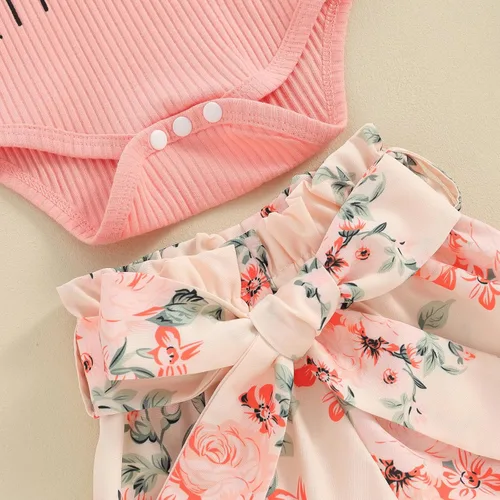 Vista 5 de Ropa de verano para bebé niña, traje de recién nacido, mameluco acanalado, mameluco floral, pantalones cortos con diadema para recién nacida