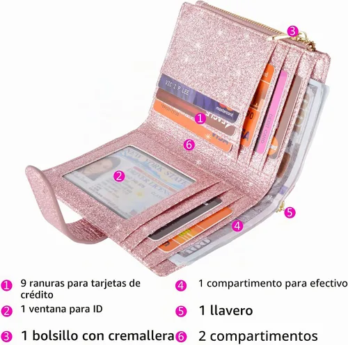 Vista 2 de Carteras para mujer RFID pequeñas y compactas de cuero con doble pliegue, con bolsillo con cremallera, medio, Compacto Purpurina púrpura claro