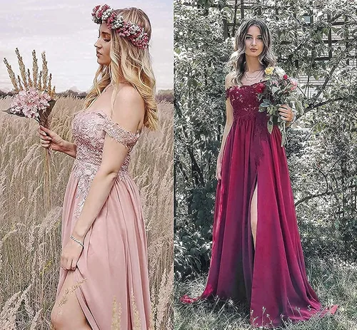 Vista 3 de Vestidos de dama de honor para mujer, vestido de fiesta con apliques de encaje, sin tirantes, vestidos de invitada de boda
