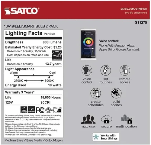 Vista 4 de Satco S11275 Starfish A19 Bombilla LED inteligente LED que cambia de color, funciona con Siri, Alexa, Google Assistant, SmartThings, 2700K-5000K