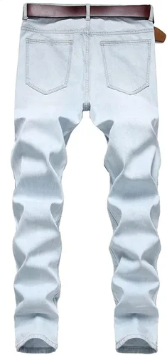 Vista 4 de Jeans rasgados a rayas laterales para hombre, corte recto, desgastados, con agujeros destruidos, pantalones de mezclilla casuales ajustados