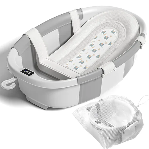 Vista 9 de Bañera plegable para bebés, bañeras para bebés recién nacidos con cojín suave y termómetro y bolsa de malla organizadora de juguetes, bañera