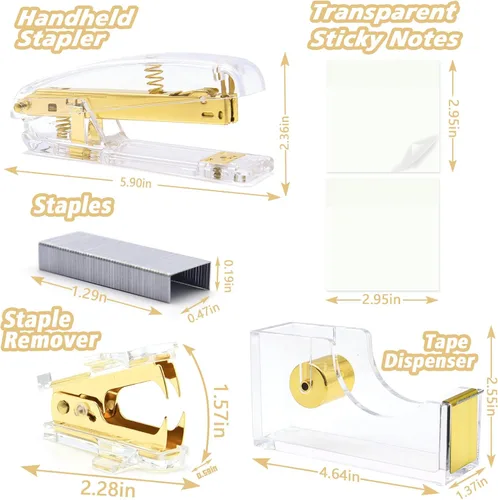 Vista 2 de Suministros de oficina dorados, accesorios de escritorio dorados de UPIHO, juego de grapadora y dispensador de cinta con grapadora grande