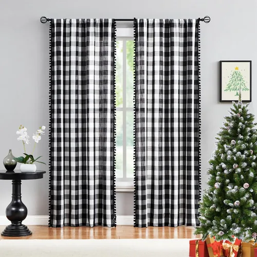 Vista 7 de Cortinas de cuadros blancos y negros con pompones, 45 pulgadas, semitransparentes a cuadros Blanco y negro