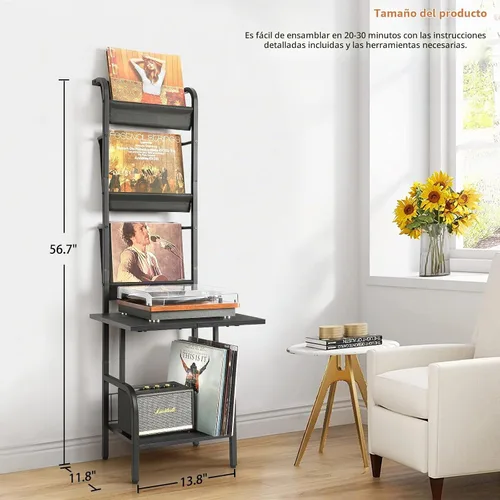 Vista 6 de Soporte para tocadiscos con almacenamiento de vinilos para hasta 200 álbumes, soporte para tocadiscos con estante de exhibición para discos Negro