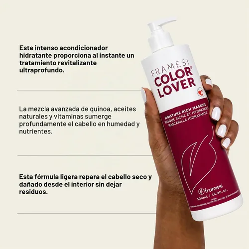 Vista 3 de FRAMESI Color Lover - Mascarilla rica en humedad, 16.9 onzas líquidas, sin sulfato, para cabello teñido