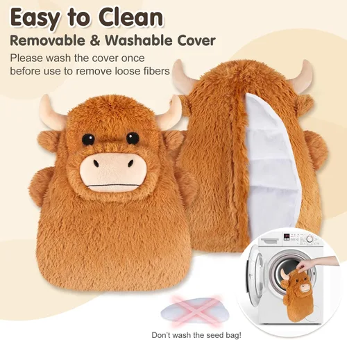 Vista 4 de Highland Cow Almohadillas térmicas para microondas para vientre, cuello y hombros, felpa calentable con calor húmedo, funda de felpa extraíble