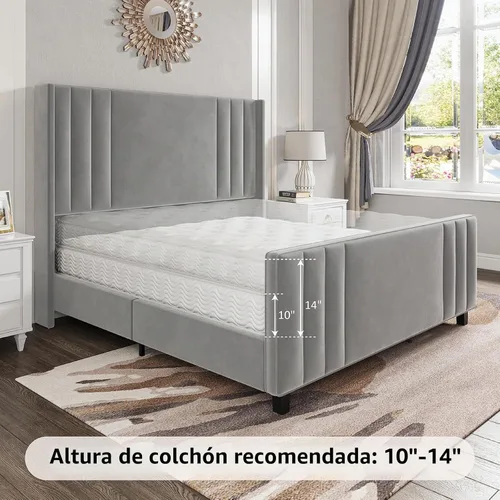 Vista 7 de Albott Base de cama de plataforma tamaño King, cama tapizada con cabecera y estribo con alas capitoné de canal vertical, terciopelo de alta calidad