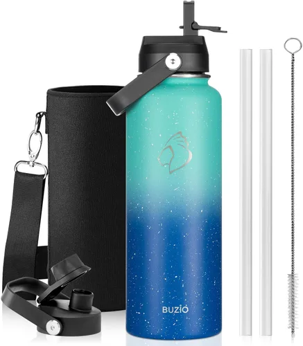 Vista 11 de BUZIO Botella de agua aislada de 24 oz, frasco de agua de boca ancha de acero inoxidable con tapa de pajita, frío durante 48 horas a prueba de Negro